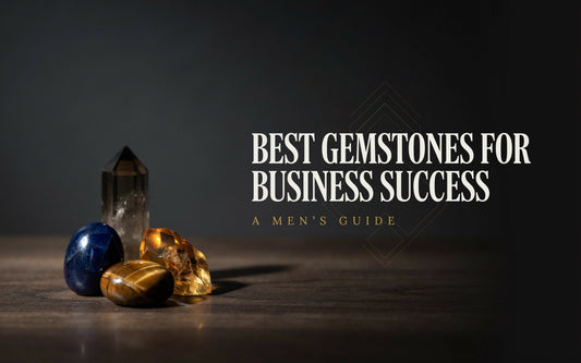 Best gemstones for business success guide for men, featuring sapphire, citrine, tiger's eye and smoky quartz crystals