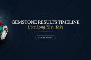 Gemstone results timeline in Vedic astrology - natural ruby, emerald, and quartz gemstones representing how long gemstones take to show results