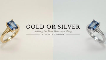 Split image comparing a blue sapphire ring in gold setting and silver setting, gold or silver setting guide