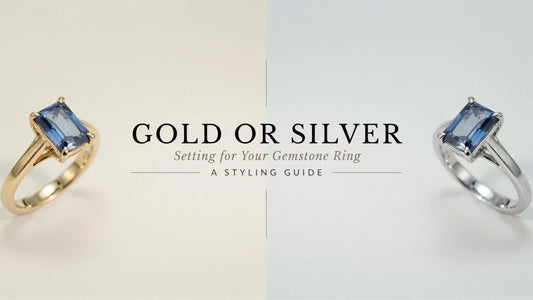 Split image comparing a blue sapphire ring in gold setting and silver setting, gold or silver setting guide