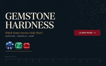 Gemstone hardness guide showing Sapphire, Emerald and Ruby on the Mohs scale for daily wear