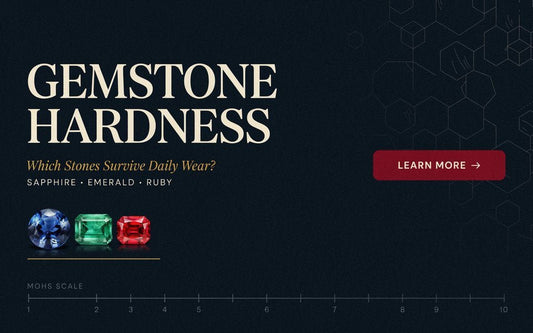 Gemstone hardness guide showing Sapphire, Emerald and Ruby on the Mohs scale for daily wear