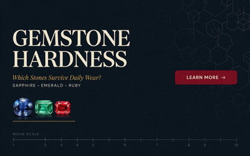 Gemstone hardness guide showing Sapphire, Emerald and Ruby on the Mohs scale for daily wear