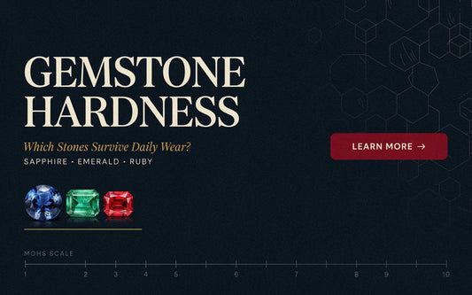 Gemstone hardness guide showing Sapphire, Emerald and Ruby on the Mohs scale for daily wear
