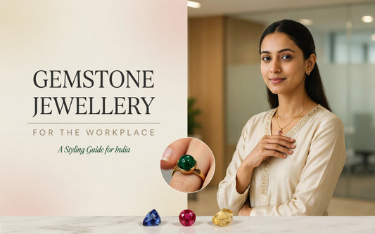Gemstone jewellery for office wear in India featuring a pendant, emerald ring and loose gemstones