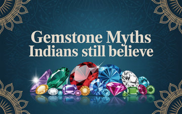 Gemstone myths Indians still believe: collection of natural gemstones including ruby, emerald, blue sapphire, amethyst and pearl