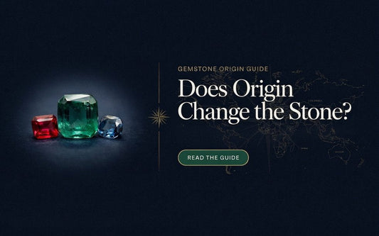 Gemstone origin guide showing Ruby, Emerald and Blue Sapphire with world map highlighting key mining origins