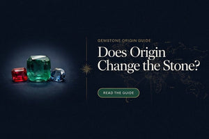 Gemstone origin guide showing Ruby, Emerald and Blue Sapphire with world map highlighting key mining origins