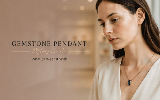 Natural gemstone pendant styling guide — woman wearing a blue sapphire Neelam pendant in gold bezel setting