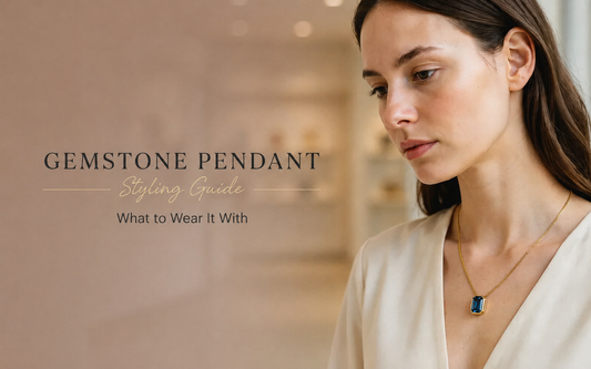 Natural gemstone pendant styling guide — woman wearing a blue sapphire Neelam pendant in gold bezel setting