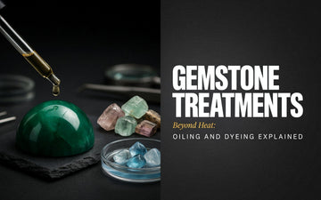 Gemstone treatments oiling process shown with an oil dropper on a polished emerald beside raw gemstones