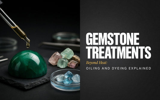 Gemstone treatments oiling process shown with an oil dropper on a polished emerald beside raw gemstones