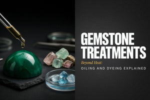 Gemstone treatments oiling process shown with an oil dropper on a polished emerald beside raw gemstones