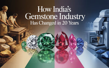 How India's Gemstone Industry Has Changed in 20 Years - traditional cutting on left, certified modern gemstones and lab equipment on right - Myra Gems