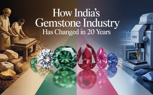 How India's Gemstone Industry Has Changed in 20 Years - traditional cutting on left, certified modern gemstones and lab equipment on right - Myra Gems