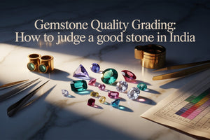 Various precious stones, tweezers, a loupe, and a grading chart on a desk, illustrating how to evaluate gemstone quality in India.