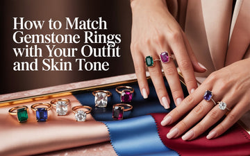 How to match gemstone rings with your outfit and skin tone - natural gemstone rings in emerald, ruby, blue sapphire and amethyst displayed on hands with coloured fabric swatches by Myra Gems