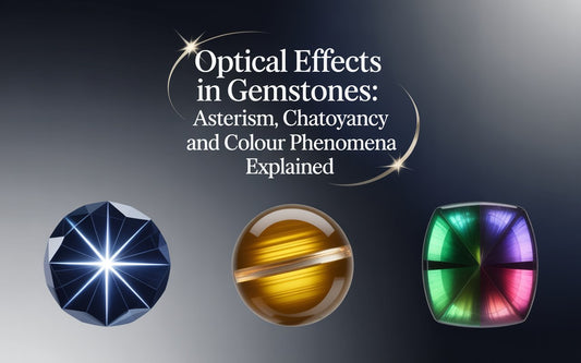 Optical effects in gemstones: star sapphire showing asterism, cat's eye chrysoberyl showing chatoyancy, and alexandrite showing colour change phenomena