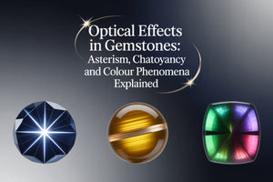 Optical effects in gemstones: star sapphire showing asterism, cat's eye chrysoberyl showing chatoyancy, and alexandrite showing colour change phenomena