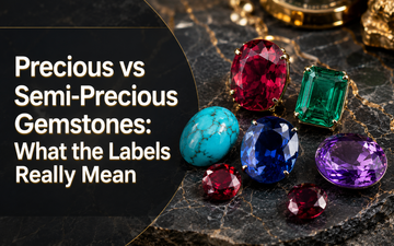 Precious vs semi-precious gemstones displayed on dark marble surface including ruby, emerald, blue sapphire, turquoise and amethyst - Myra Gems blog banner