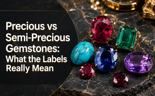 Precious vs semi-precious gemstones displayed on dark marble surface including ruby, emerald, blue sapphire, turquoise and amethyst - Myra Gems blog banner