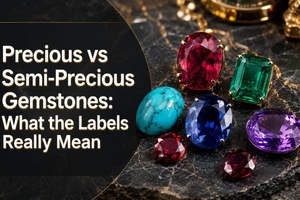 Precious vs semi-precious gemstones displayed on dark marble surface including ruby, emerald, blue sapphire, turquoise and amethyst - Myra Gems blog banner