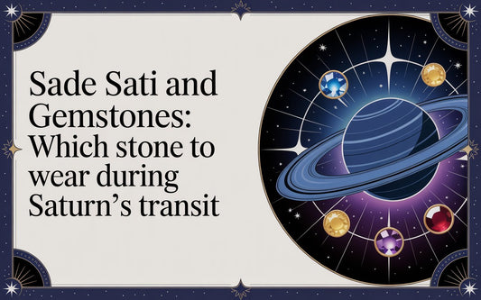 Sade Sati and gemstones guide showing Saturn planet surrounded by Blue Sapphire, Amethyst, Ruby and Pearl stones for Shani transit