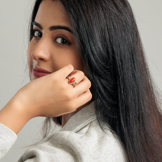 Timeless Red Coral (Moonga) Ring in Sterling Silver – #1125 Ov - Myra