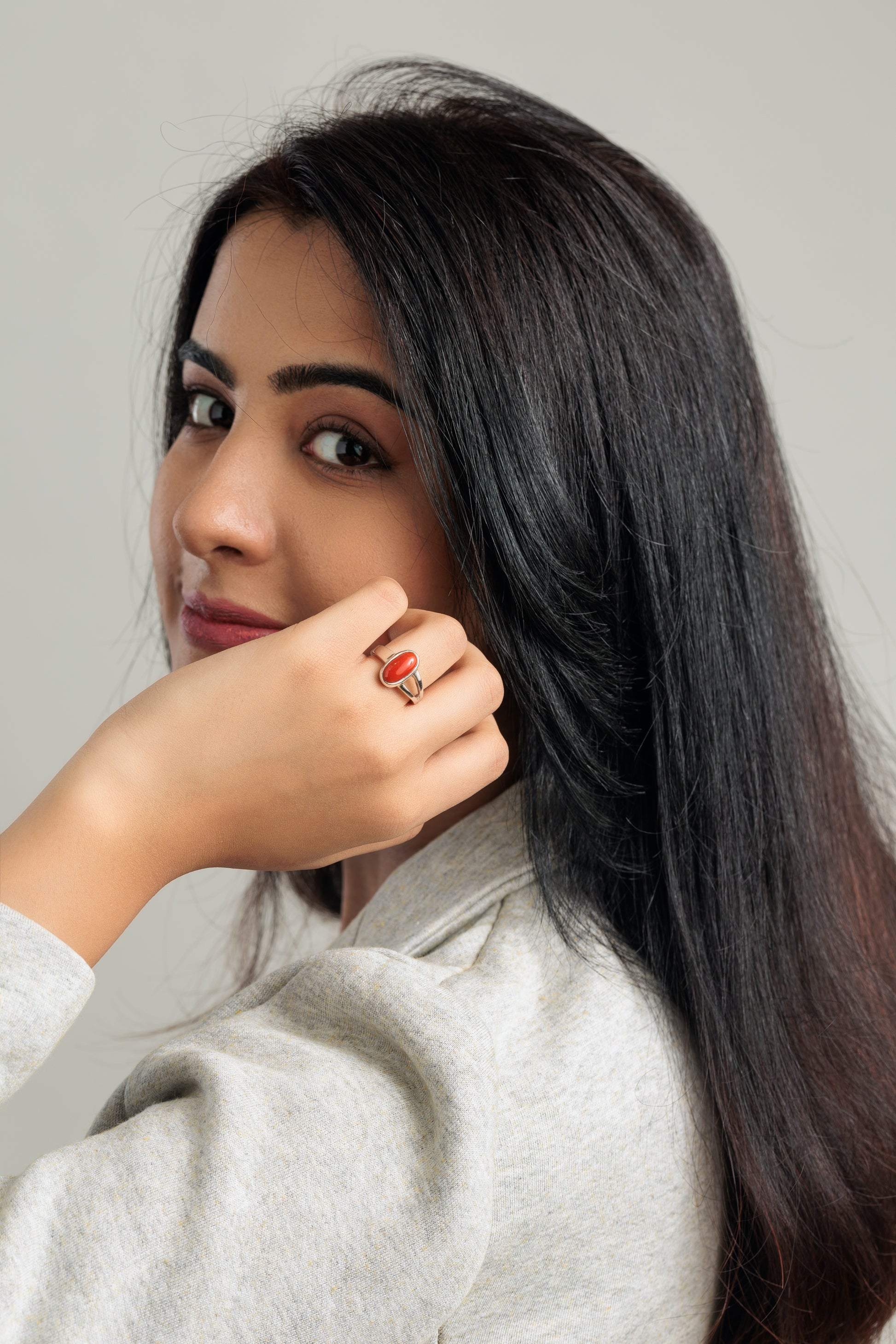 Timeless Red Coral (Moonga) Ring in Sterling Silver – #1125 Ov - Myra