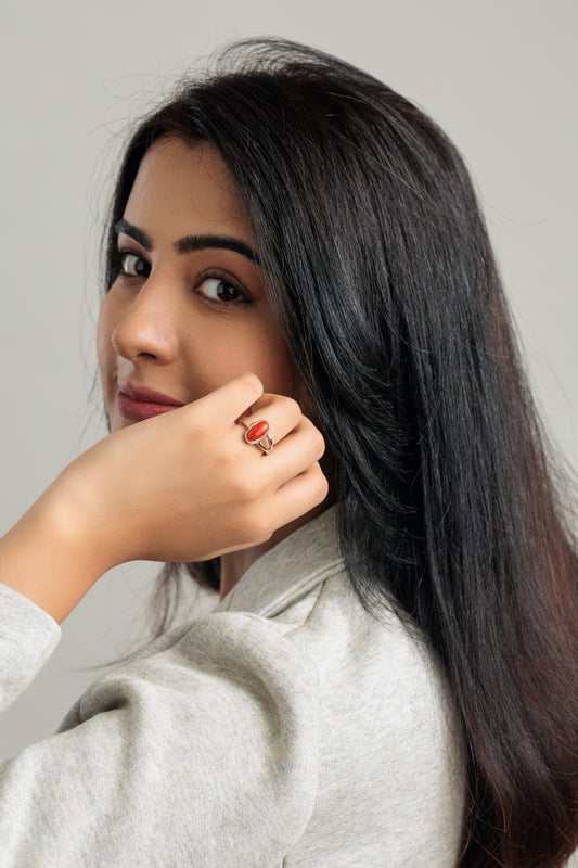 Timeless Red Coral (Moonga) Ring in Sterling Silver – #1125 Ov - Myra