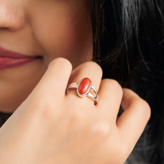 Timeless Red Coral (Moonga) Ring in Sterling Silver – #1125 Ov - Myra