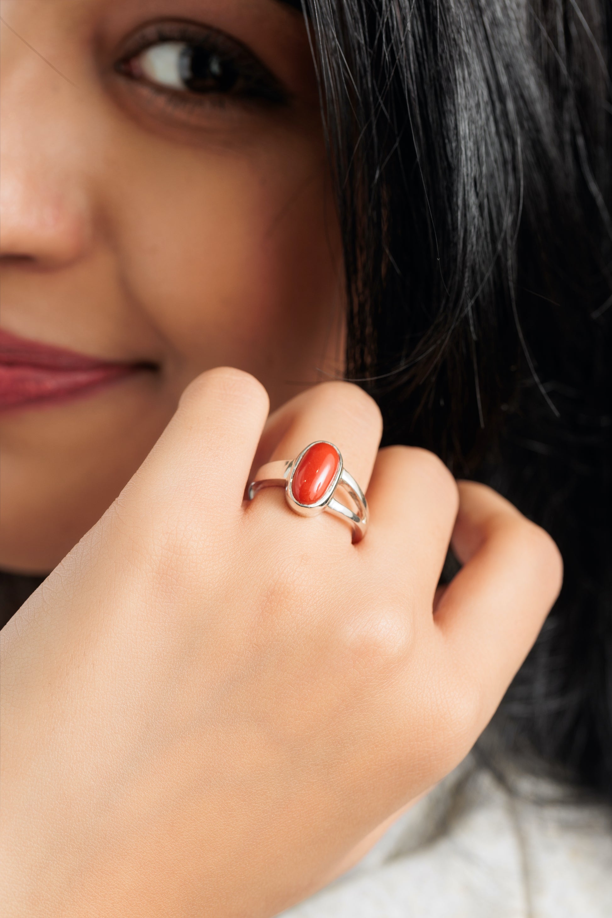 Timeless Red Coral (Moonga) Ring in Sterling Silver – #1125 Ov - Myra