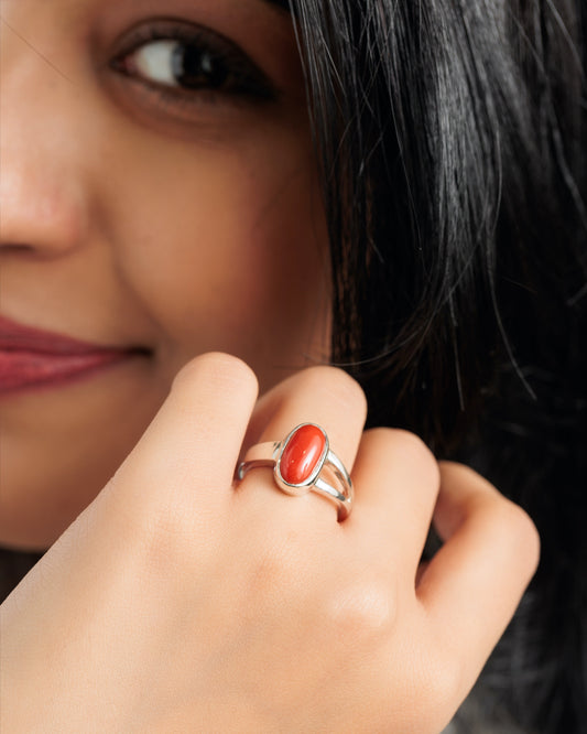 Timeless Red Coral (Moonga) Ring in Sterling Silver â€“ #1125 Ov - Myra