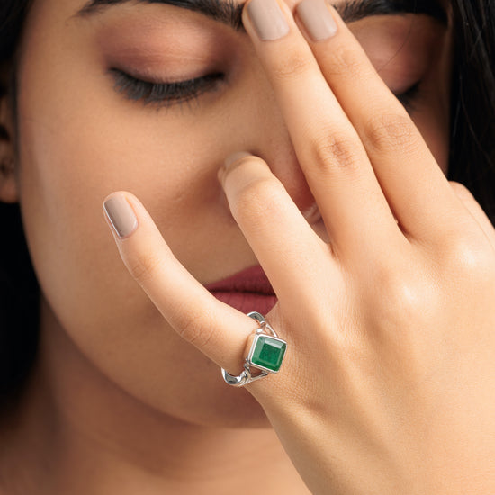 Authentic Emerald (Panna) Ring in Sterling Silver – #1175B Sq - Myra