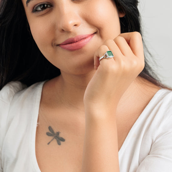 Authentic Emerald (Panna) Ring in Sterling Silver – #1175B Sq - Myra