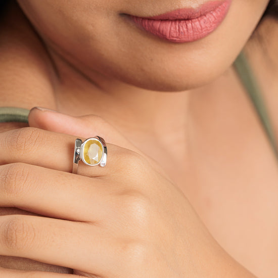 Radiant Yellow Sapphire (Pukhraj) Ring in 925 Silver – #1138B - Myra