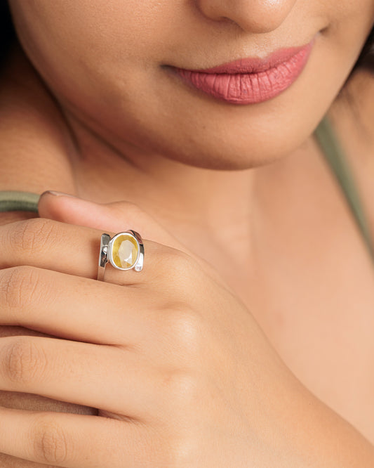 Radiant Yellow Sapphire (Pukhraj) Ring in 925 Silver – #1138B - Myra