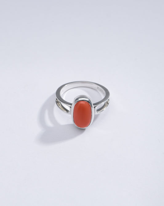 Sleek Coral (Moonga) Ring in 925 Sterling Silver - Shakti