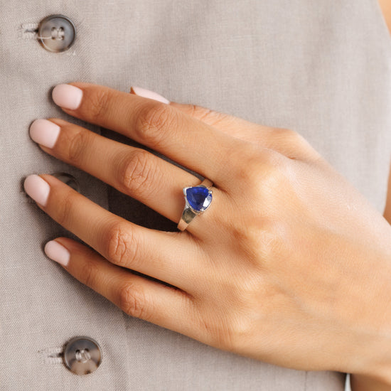 Blue Sapphire (Neelam) Ring – Precision Cut, 925 Silver - #1203N3 Drop - Myra