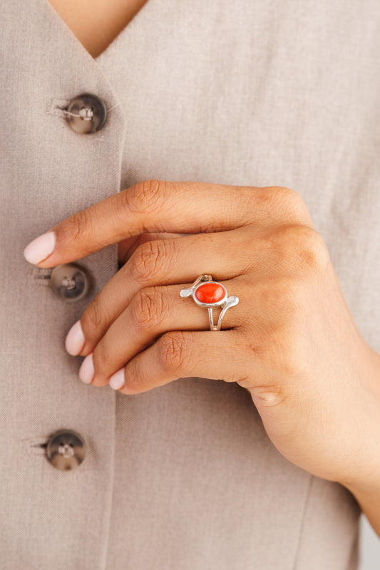Coral (Moonga) Gemstone Ring – 925 Silver - #1151 Ov - Myra