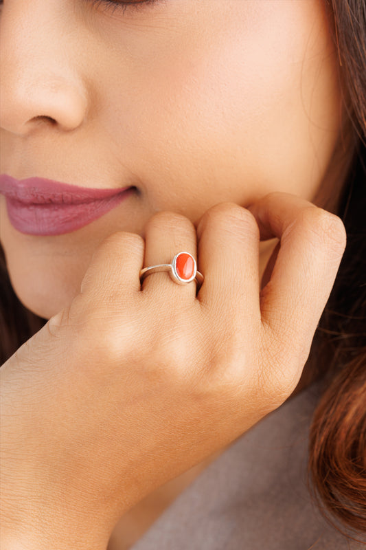 Comfort Fit Coral (Moonga) Ring – 925 Silver - #1218 Ov - Myra
