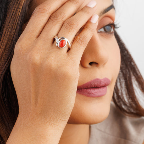 Classic Red Coral (Moonga) Ring in Sterling Silver – #1176 Ov - Myra