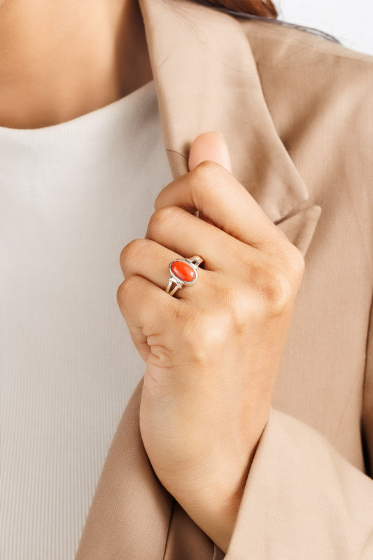 Exclusive Coral (Moonga) Ring in 925 Sterling Silver - Shakti