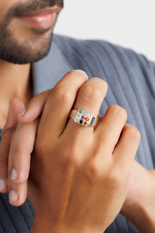 Daily Wear Navratna (Navgrah) Ring – 925 Silver - 1224 - Myra