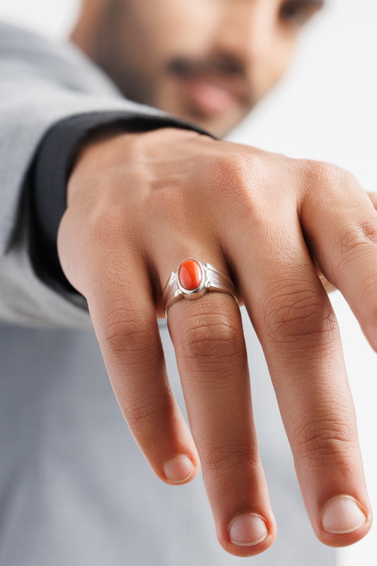 925 Silver Coral (Moonga) Ring - #1111 Ov - Myra
