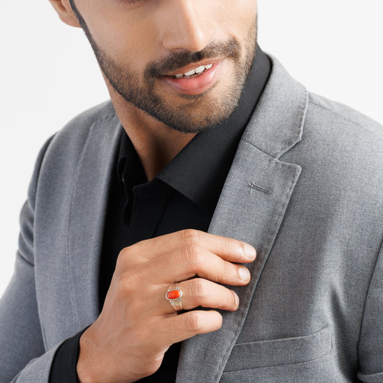 925 Silver Coral (Moonga) Ring - #1111 Ov - Myra