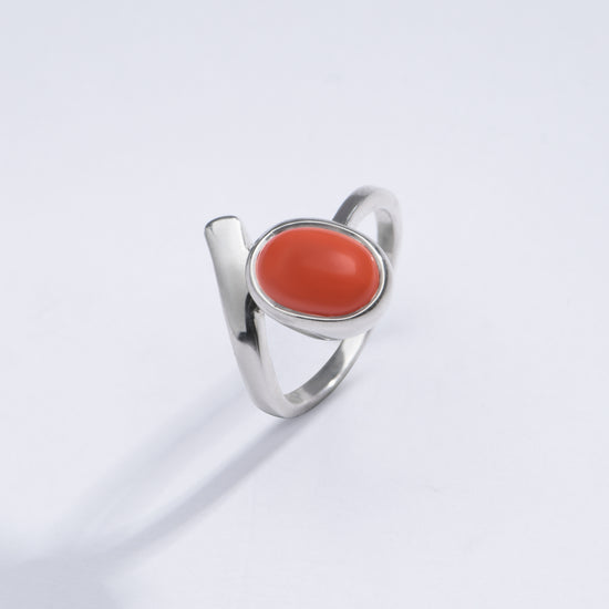 Italian Red Coral (Moonga) Designer Ring in Sterling Silver - #1202 Ov - Myra