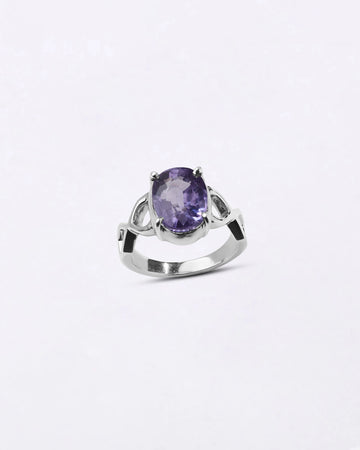 Powerful natural Alexandrite gemstone ring handcrafted in 925 sterling silver featuring a vibrant color-changing gemstone in an elegant Urja setting with a polished finish from Myra Gems.