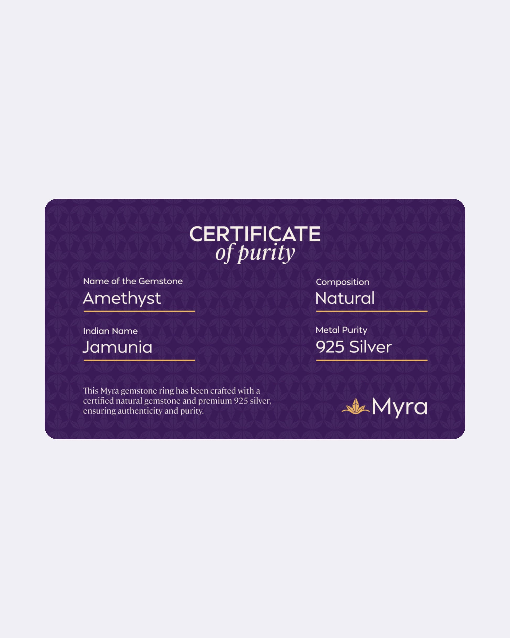 Certificate of Purity of Amethyst in 925 Silver