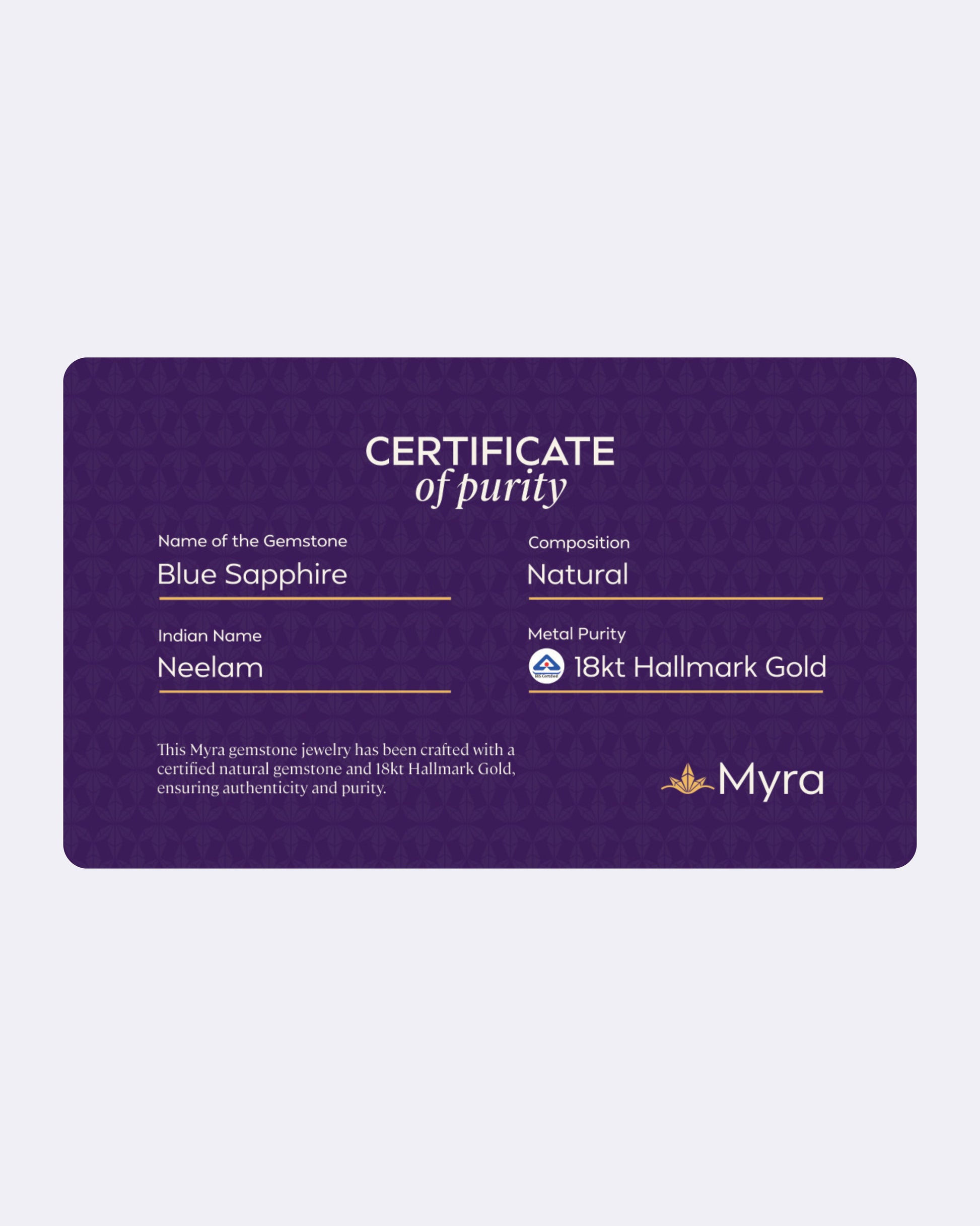 Certificate of Purity of Blue Sapphire in 18K Hallmark Gold